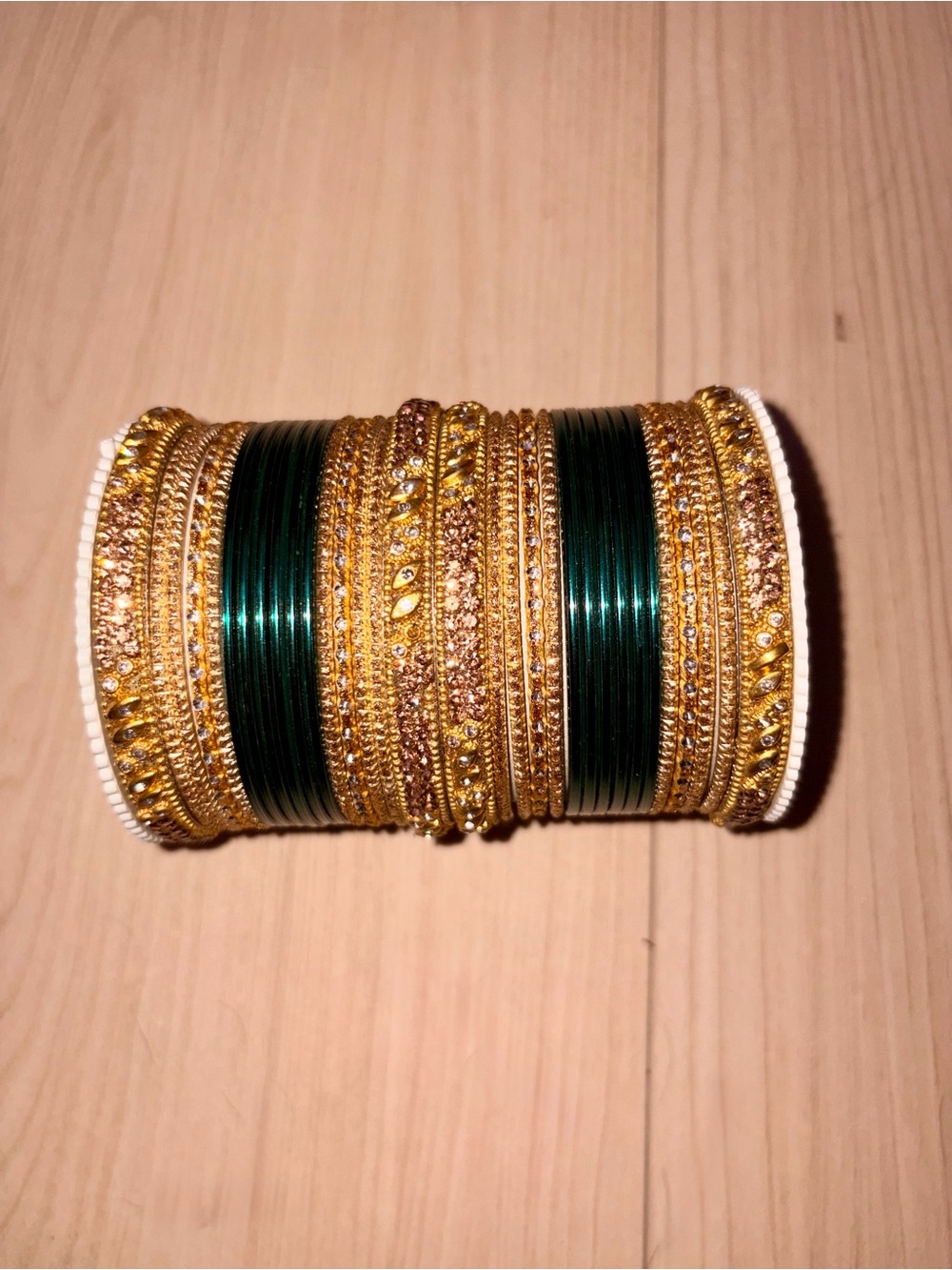 Gold-Tone Bridal Bangle Set with Emerald Green Accents - Women Jewelry